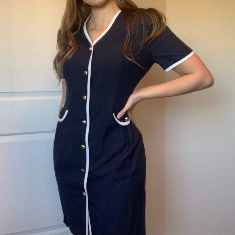 Vintage Navy Button Down Dress - Picture 1 of 9